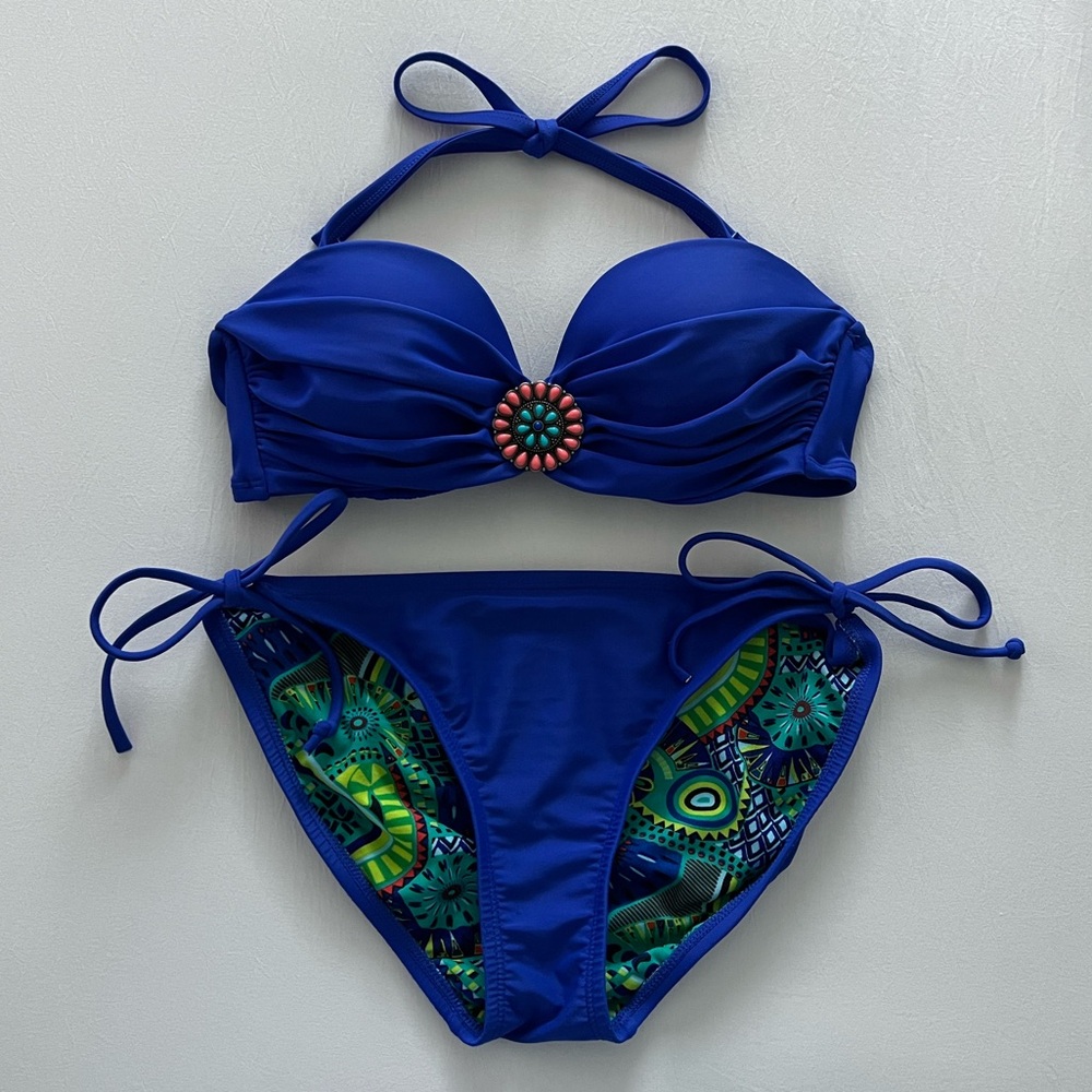Xhilaration Cobalt Blue Medallion Bandeau Halter Bikini Set Medium